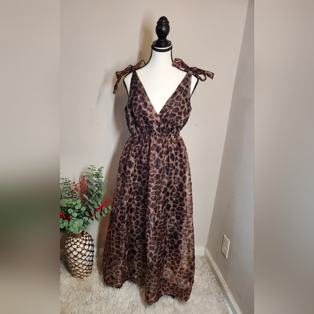 Anthropologie Daniel Rainn Organza Leopard Print V-Neck  Maxi Dress Size S - Picture 6 of 15